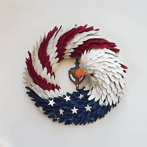 American Eagle Wreath hanging on front door in July